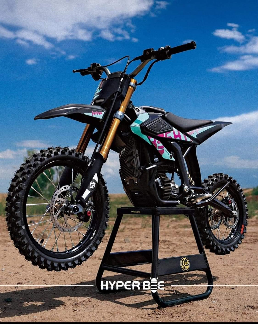 Motorcycle on a stand with a clear blue sky in the background