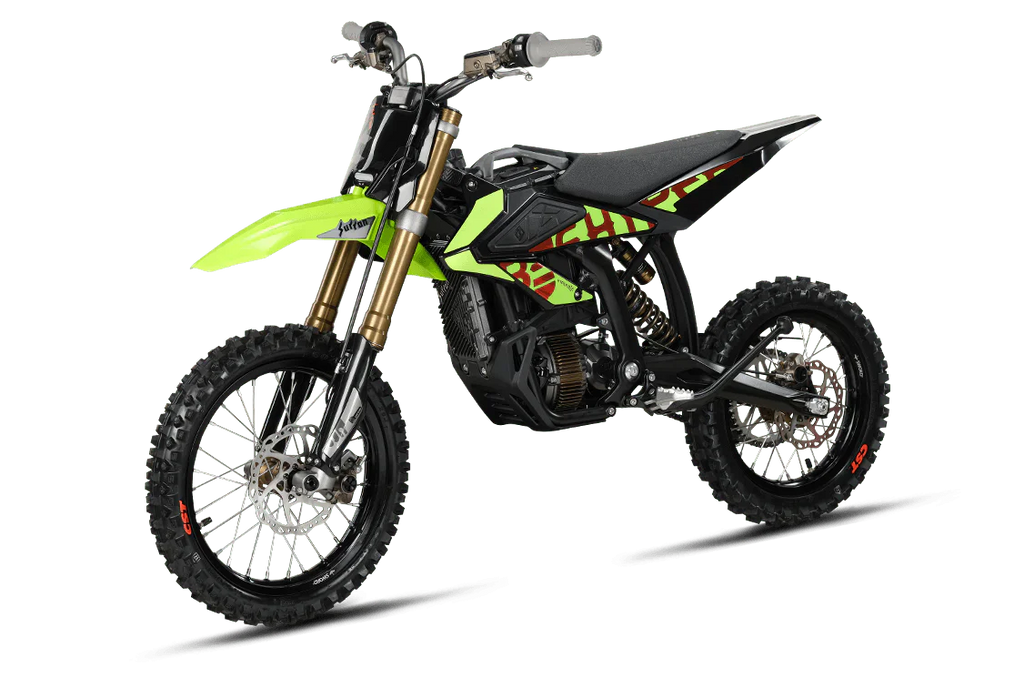 Green dirt bike with visible branding on a white background
