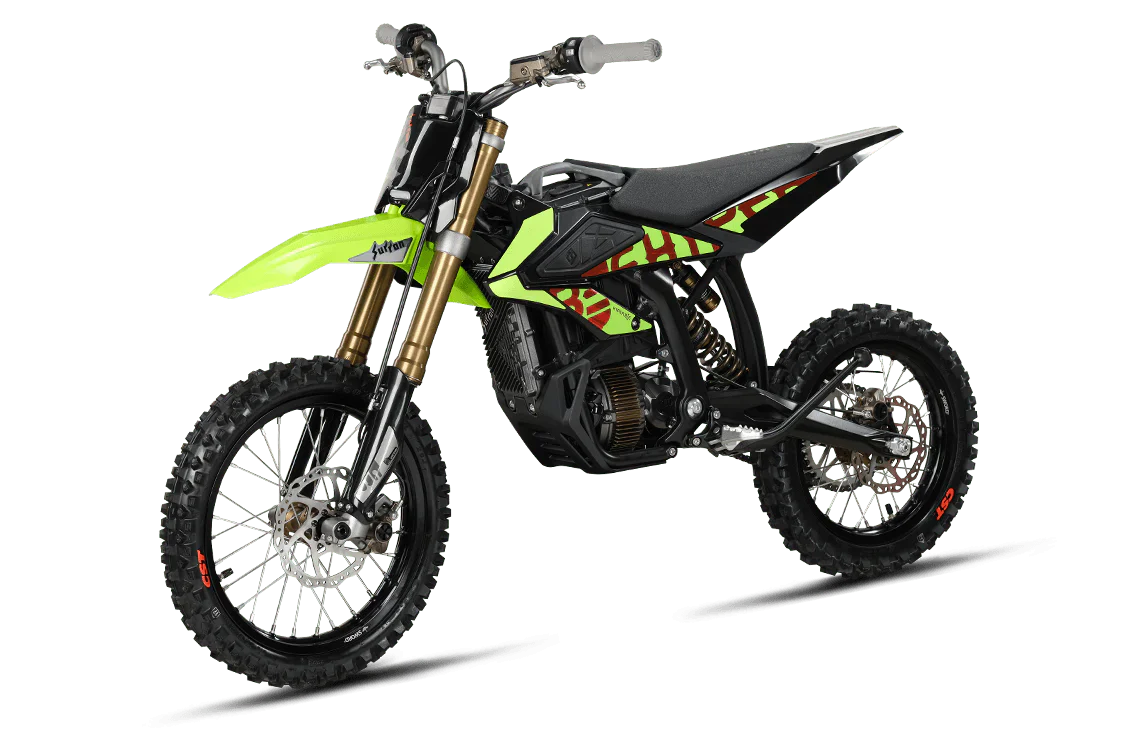 Green dirt bike with visible branding on a white background