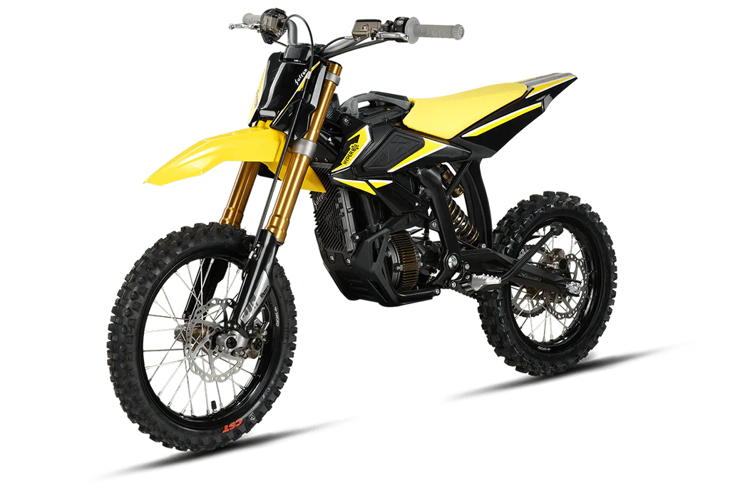 Yellow and black dirt bike on a white background