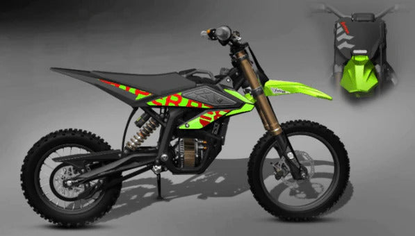 Green and black dirt bike with red accents on a gray background