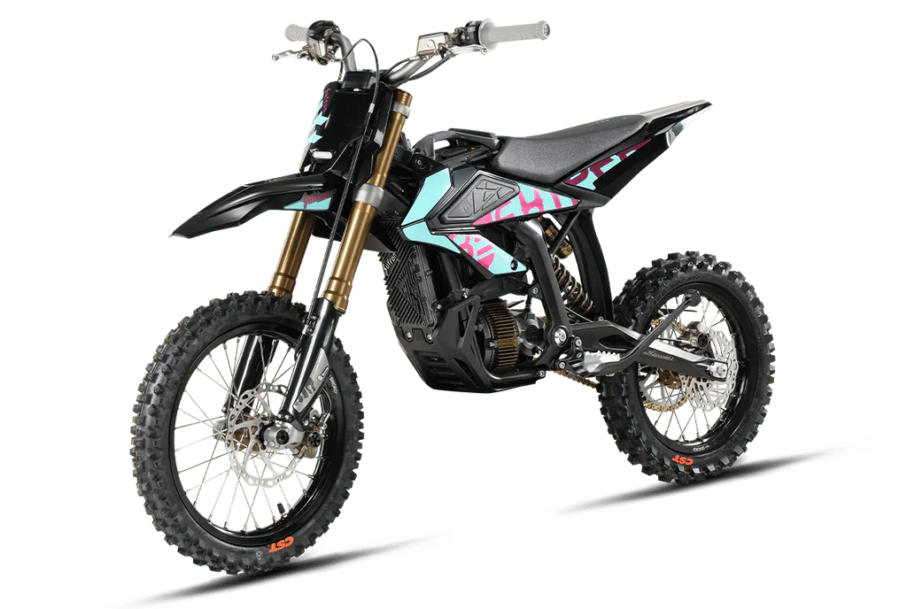 Black dirt bike with colorful design on a white background