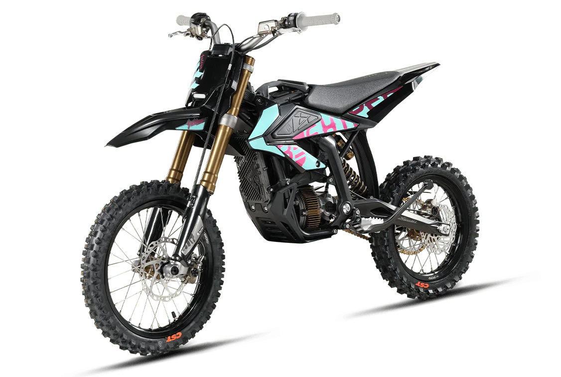 Black dirt bike with colorful design on a white background
