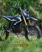 Motorcycle with 'Hyper Bee' branding on a natural background