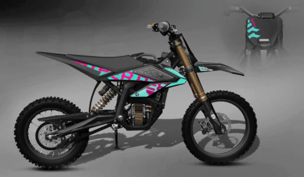 Children's dirt bike with colorful design on a gray background