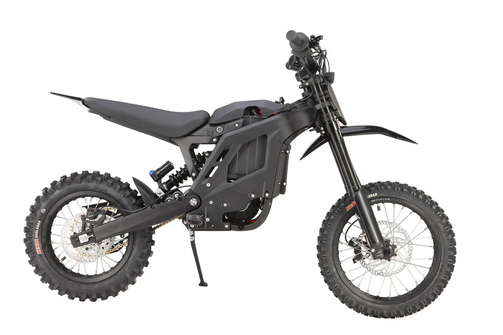 Black electric dirt bike on a white background