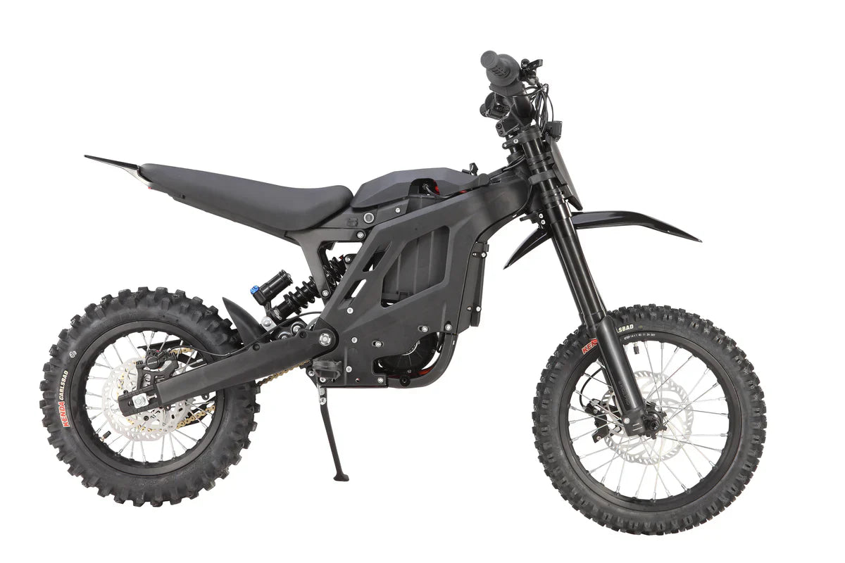 Black electric dirt bike on a white background