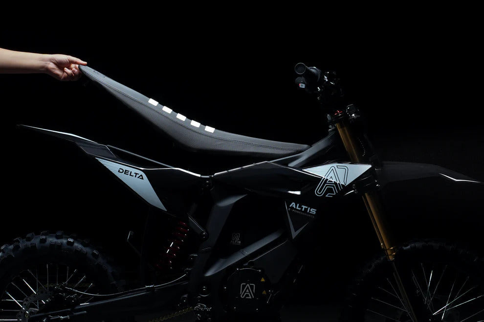 Black electric bike with 'Delta' and 'Altis' branding on a black background