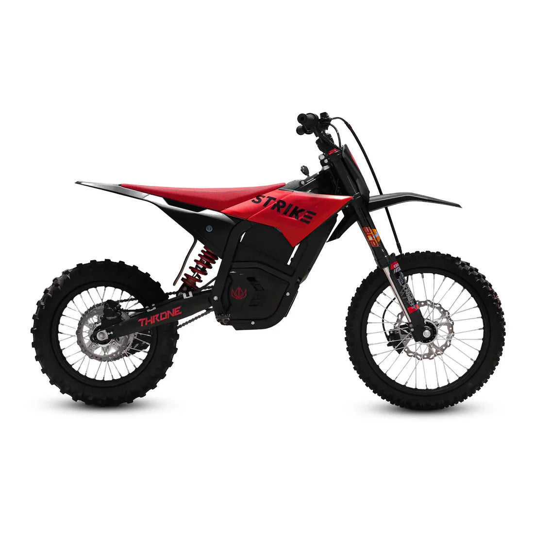 Red and black dirt bike with 'Strike' branding on a white background