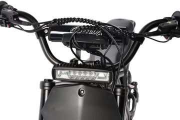 Close-up of a motorcycle handlebar with visible branding on a white background