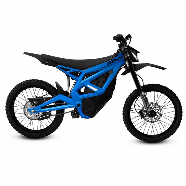 Blue electric bike with black seat on a white background