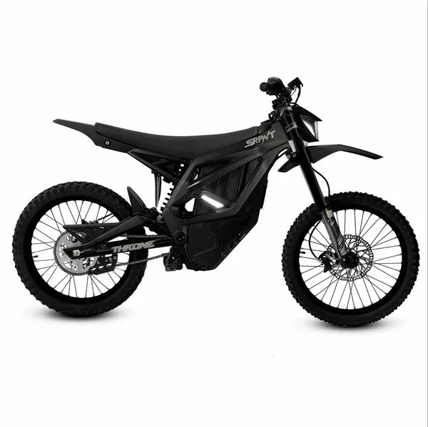 Black electric bike with branding on a white background