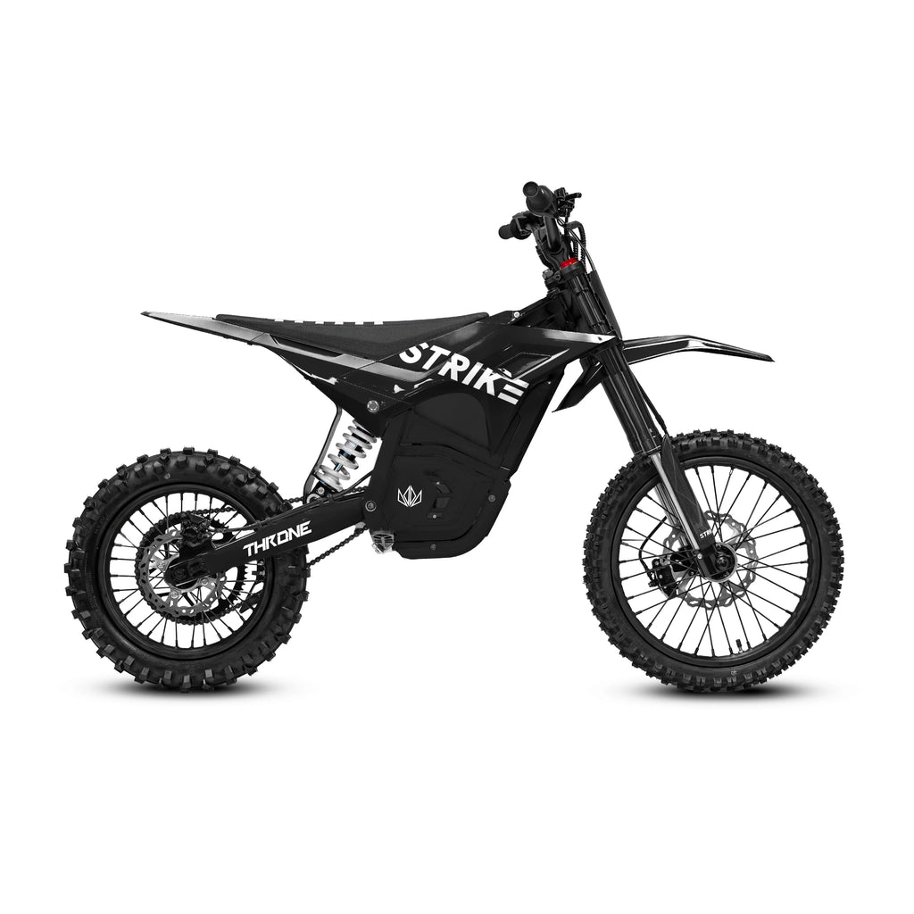Black electric dirt bike with 'Strike' branding on a white background