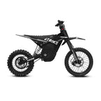 Black electric dirt bike with 'Strike' branding on a white background