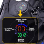 Close-up of a motorcycle dashboard with various displays and labels.