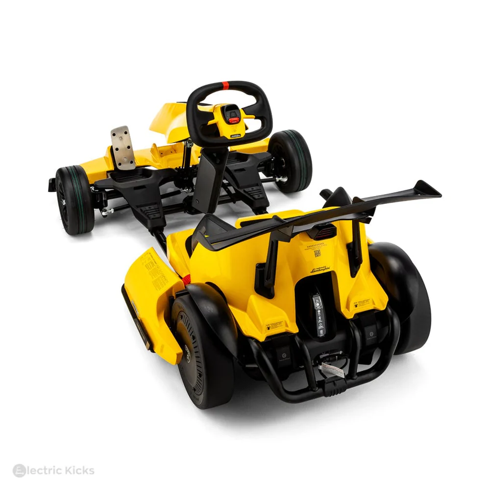 Yellow and black toy go-kart on a white background