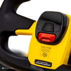 Close-up of a yellow and black steering wheel with Lamborghini logo on a white background
