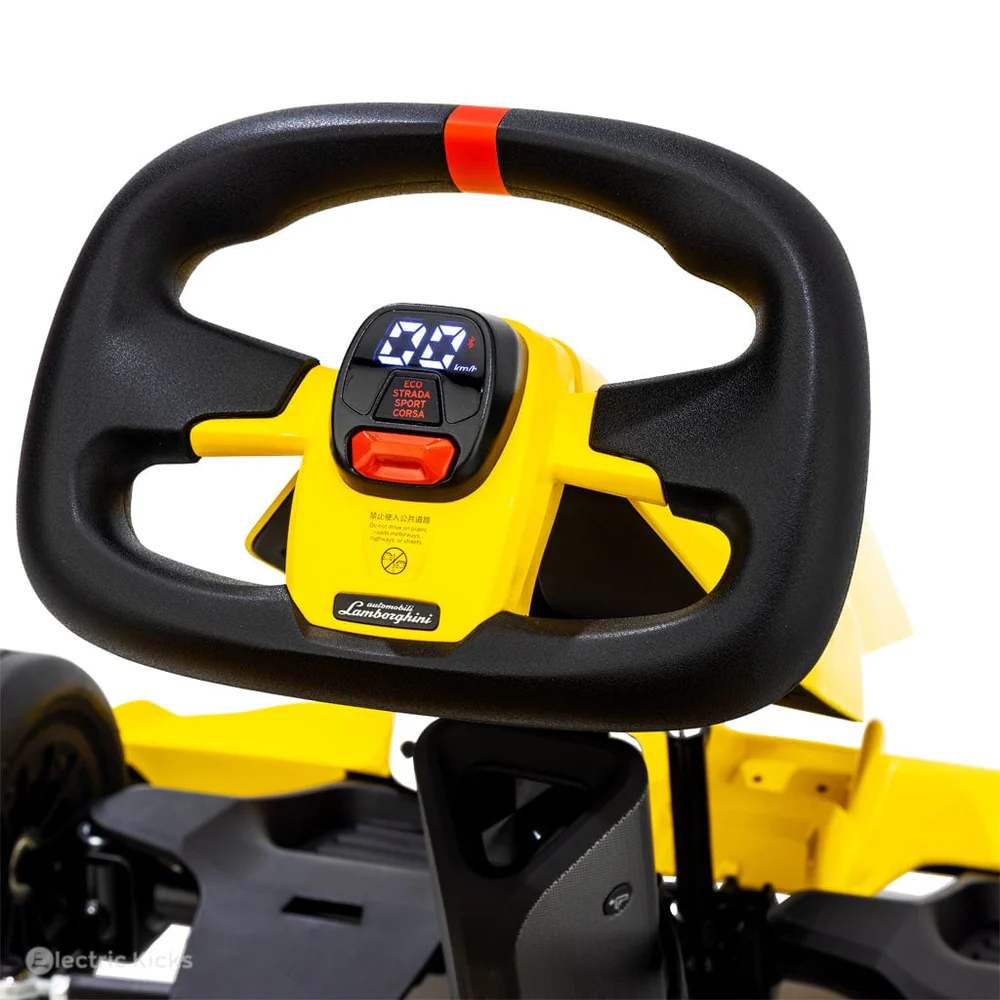 Black and yellow steering wheel with digital display on a white background
