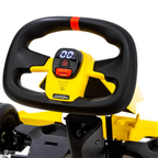 Black and yellow steering wheel with digital display on a white background